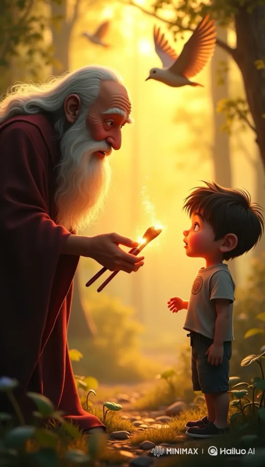 Magical Brush Gifted to Awe-Struck Boy in Enchanted Forest – AI Generated Video | Hailuo AI