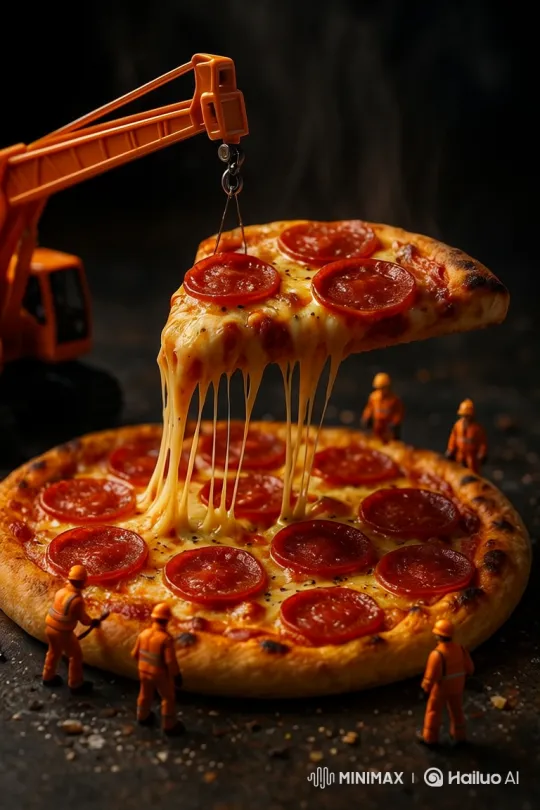 Toy Crane Lifts Stretchy Cheese on Pepperoni Pizza – AI Generated Video | Hailuo AI