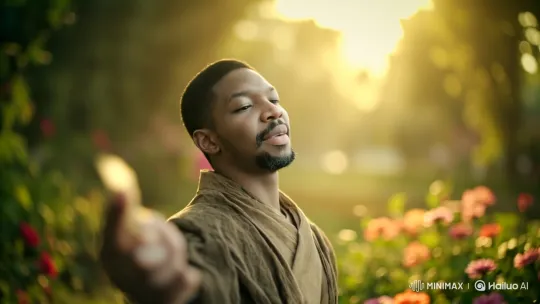Young Black Man Worships in Lush Garden at Golden Hour – AI Generated Video | Hailuo AI
