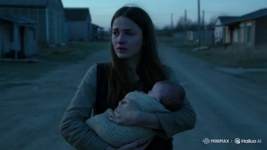 Distressed Young Mother Clutches Baby on Desolate Street – AI Generated Video | Hailuo AI