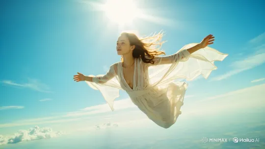 Floating Woman in Serene Sky with Flowing Dress – AI Generated Video | Hailuo AI
