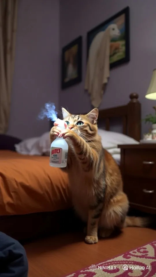 Intelligent Cat Awakens Owner with Spray Bottle – AI Generated Video | Hailuo AI