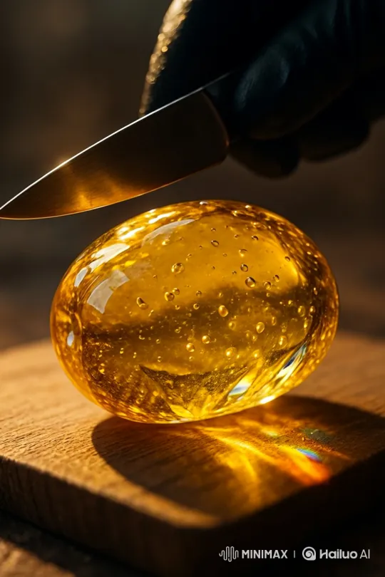 Artistic Knife Slicing Through Translucent Amber Orb – AI Generated Video | Hailuo AI