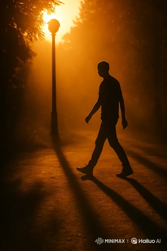 Man Walks Through Golden Hour Under Lamplight – AI Generated Video | Hailuo AI