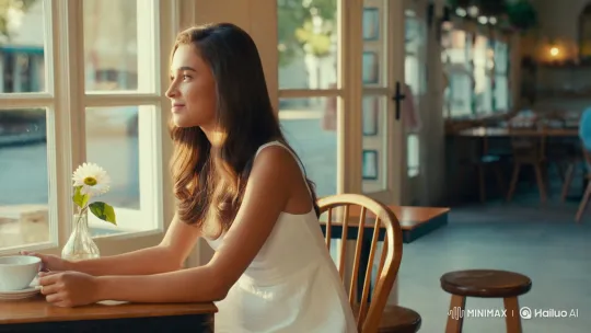 Young Woman's Intimate Smile in Sunlit Cafe – AI Generated Video | Hailuo AI