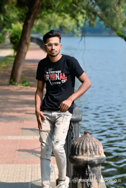Young Man Poses Calmly by Water on Sunny Day – AI Generated Video | Hailuo AI