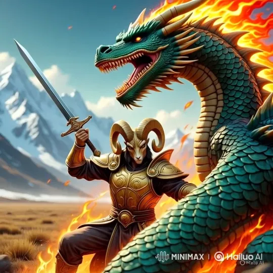Ram-Headed Warrior vs. Serpentine Dragon Standoff – AI Generated Video | Hailuo AI