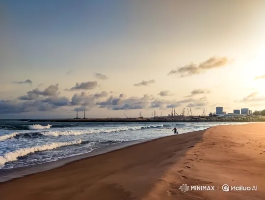 Sunset Serenity: Beach and Industry Coexistence – AI Generated Video | Hailuo AI