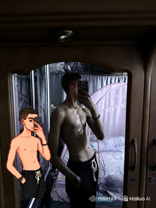 Young Man Takes Mirror Selfie with Pixel Art in Bedroom – AI Generated Video | Hailuo AI