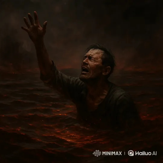Man's Agonizing Struggle in Fiery River of Torment – AI Generated Video | Hailuo AI