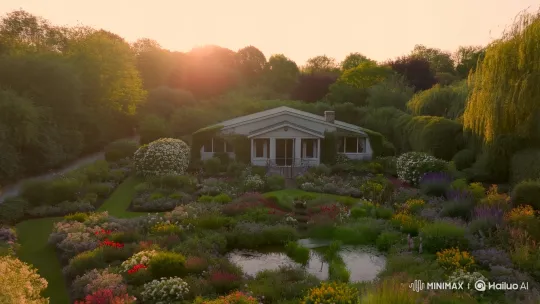 Sunset Garden House Revealed by Drone Shot – AI Generated Video | Hailuo AI