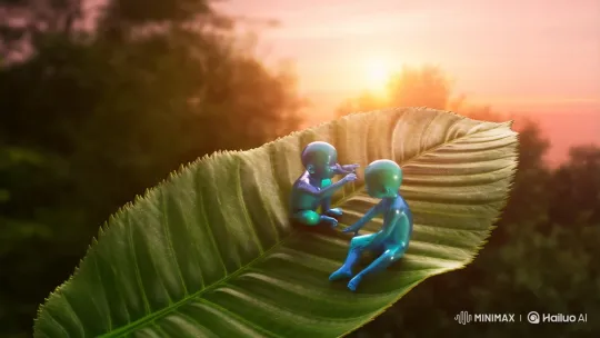 Magical Sunset: Boys Play on Giant Green Leaf – AI Generated Video | Hailuo AI