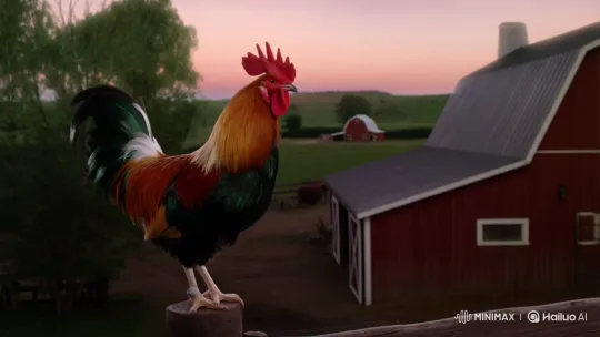 Dawn Awakening: Majestic Rooster on a Farm at Sunrise – AI Generated Video | Hailuo AI