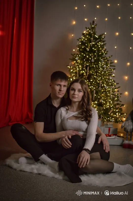 Family Embrace Under Christmas Tree Lights – AI Generated Video | Hailuo AI