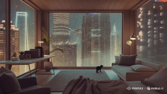 Cyberpunk Cityscape Through a Cozy, Rainy Window – AI Generated Video | Hailuo AI