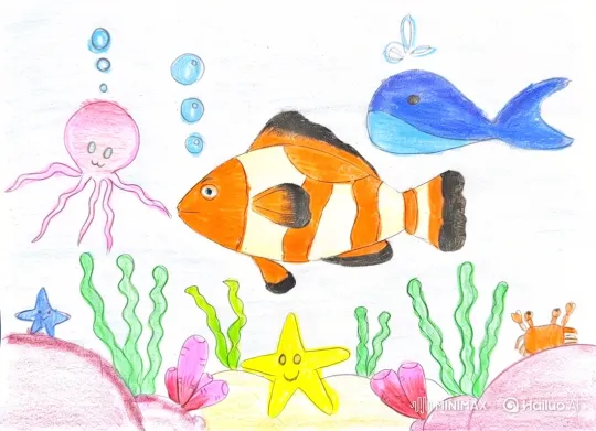 Animated Hand-Drawn Underwater Scene with Clownfish – AI Generated Video | Hailuo AI