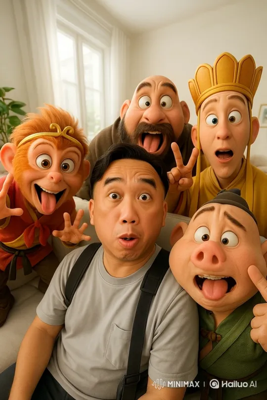 Asian Man and Animated Friends Laughing on Couch – AI Generated Video | Hailuo AI