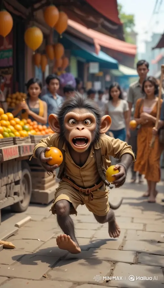 Chimpanzee Sprints Through Market with Stolen Oranges – AI Generated Video | Hailuo AI