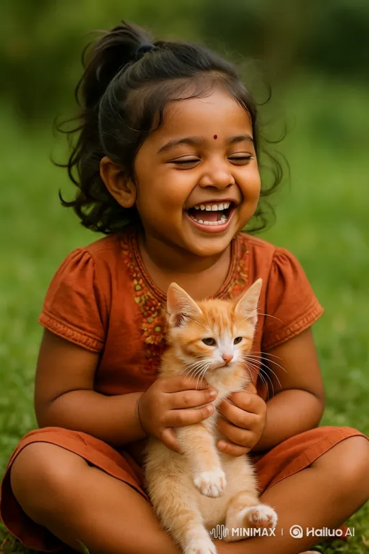 Joyful Girl and Her Ginger Kitten on Lawn – AI Generated Video | Hailuo AI