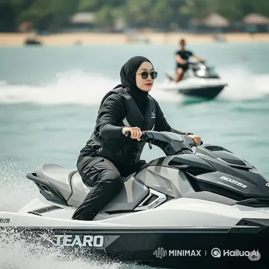 Woman Skillfully Rides Jet Ski on Turquoise Waters – AI Generated Video | Hailuo AI