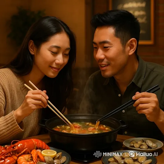 East Asian Couple Enjoying Intimate Hot Pot Dinner – AI Generated Video | Hailuo AI