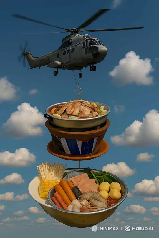 Futuristic Cityscape with Helicopter-Carried Food Display – AI Generated Video | Hailuo AI