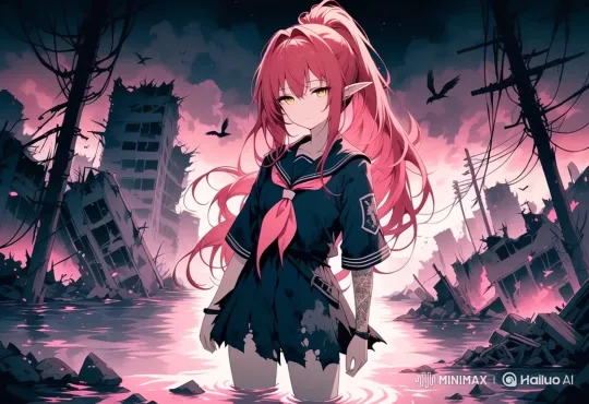 Young Woman in Flooded City Amidst Ruins and Birds – AI Generated Video | Hailuo AI