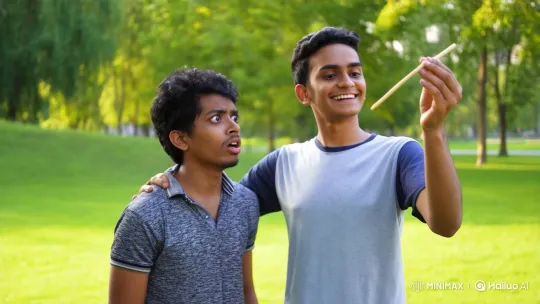 Young friends share laughter after prank in sunny park – AI Generated Video | Hailuo AI