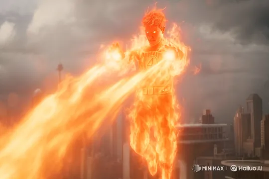 Human Torch Soars Over City, Unleashing Flames – AI Generated Video | Hailuo AI
