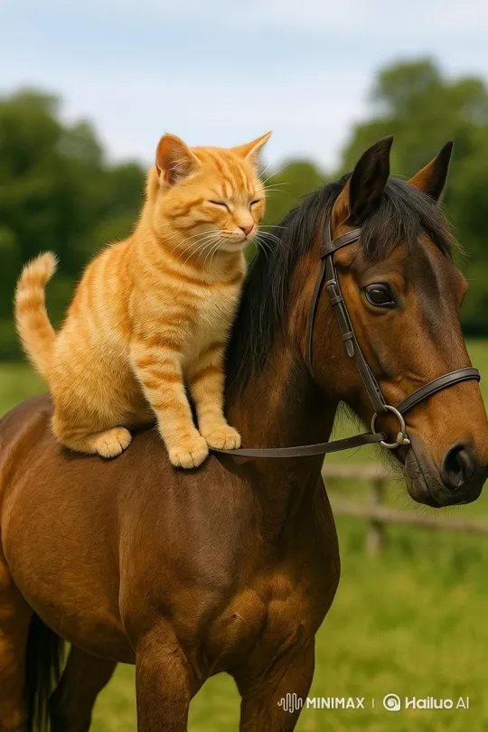 Kitten and Horse Share Tranquil Moment in Meadow – AI Generated Video | Hailuo AI