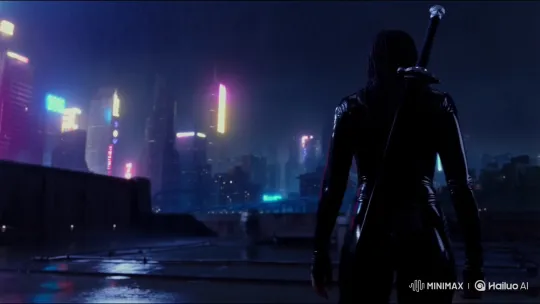 Futuristic Female Warrior on Neon-Lit Rooftop – AI Generated Video | Hailuo AI