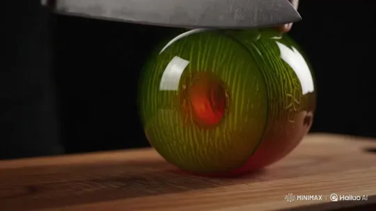 Cinematic Close-Up of Hand Slicing Hyper-Realistic Glass Melon – AI Generated Video | Hailuo AI