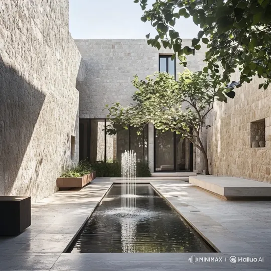 Tranquil Courtyard with Reflecting Pool and Tree – AI Generated Video | Hailuo AI