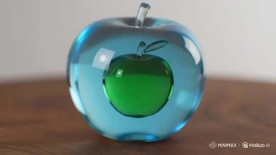 Hyperrealistic Crystal Apple Sculpture on Wood – AI Generated Video | Hailuo AI