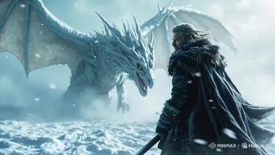 Fantasy Standoff: Warrior vs. White Dragon on Snowy Battlefield – AI Generated Video | Hailuo AI