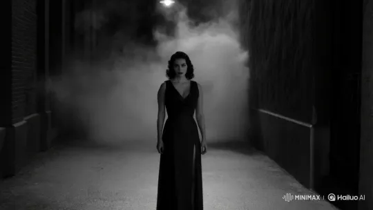 1940s Noir: Sultry Hitwoman in Foggy Alley – AI Generated Video | Hailuo AI