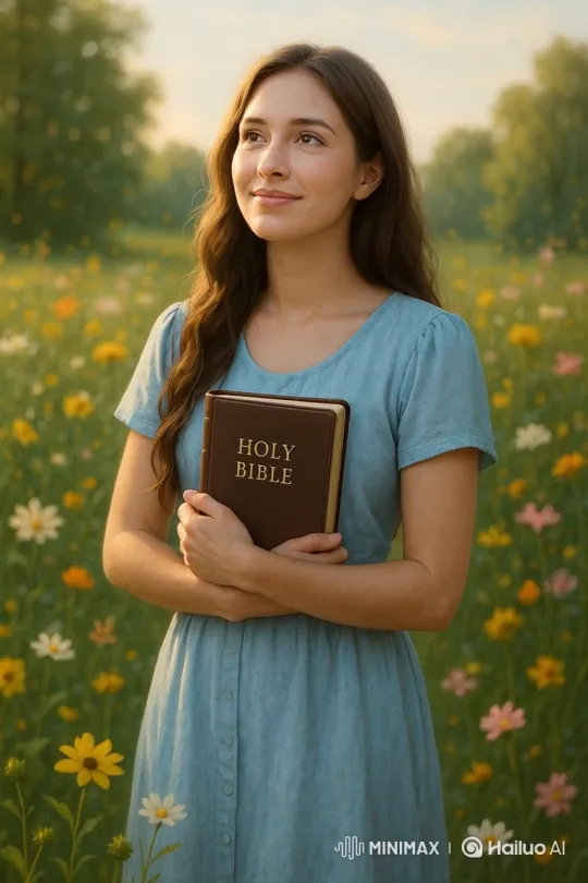 Contemplative Woman in Meadow Finds Peace with Bible – AI Generated Video | Hailuo AI