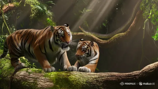 Tigers Fight on Branch Amid Snake's Indifference – AI Generated Video | Hailuo AI