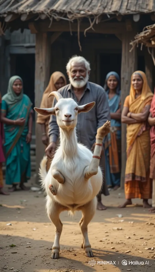 Cheerful Goat Dances in Village, Collects Coins – AI Generated Video | Hailuo AI