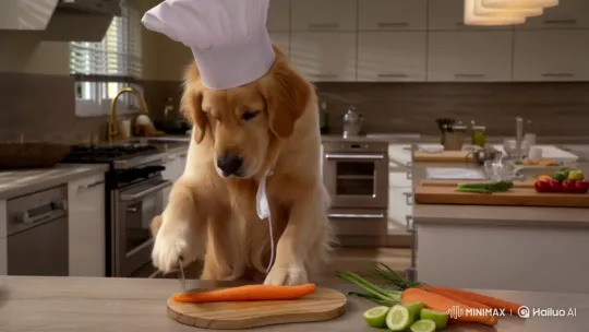 Golden Retriever Chef Prepares Food in Modern Kitchen – AI Generated Video | Hailuo AI