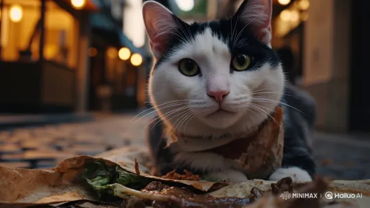 Cute Cat Savors Street Food in Twilight Alley – AI Generated Video | Hailuo AI