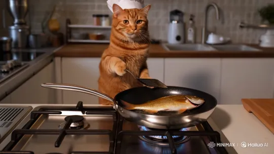 Ginger Cat Chef Cooks Fish in Modern Kitchen – AI Generated Video | Hailuo AI