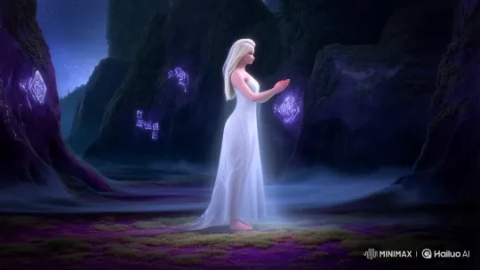 Elsa, as the Fifth Spirit, performs yoga in a mystical forest. – AI Generated Video | Hailuo AI