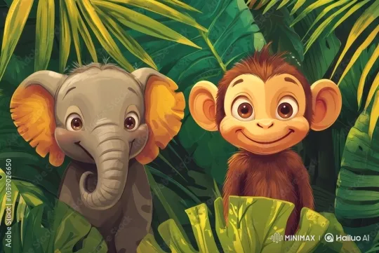 Baby Elephant and Monkey in a Lush Jungle – AI Generated Video | Hailuo AI