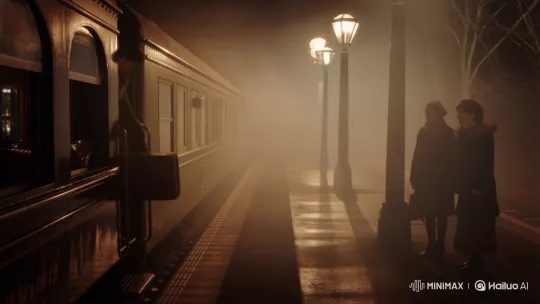 Woman Reunites with Friends at Foggy Train Station – AI Generated Video | Hailuo AI