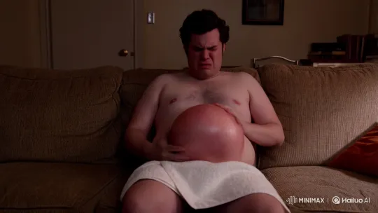 Young Man Simulates Giving Birth to Watermelon on Couch – AI Generated Video | Hailuo AI