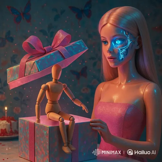 Cybernetic Doll Unveils Wooden Mannequin in Surreal Setting – AI Generated Video | Hailuo AI