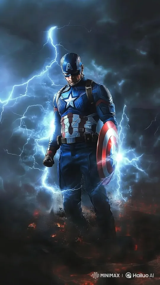 Captain America Defends with Charged Shield Amidst Storm – AI Generated Video | Hailuo AI