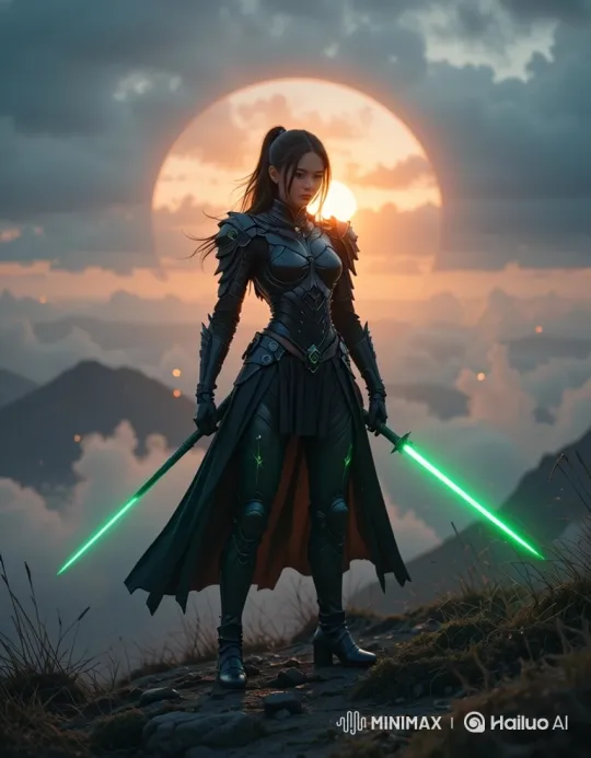 Female Warrior on Hill: Swords Dim, Sun Rises – AI Generated Video | Hailuo AI