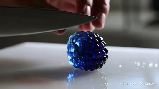 Ultra-Slow-Motion Slice of Glowing Glass Raspberry – AI Generated Video | Hailuo AI